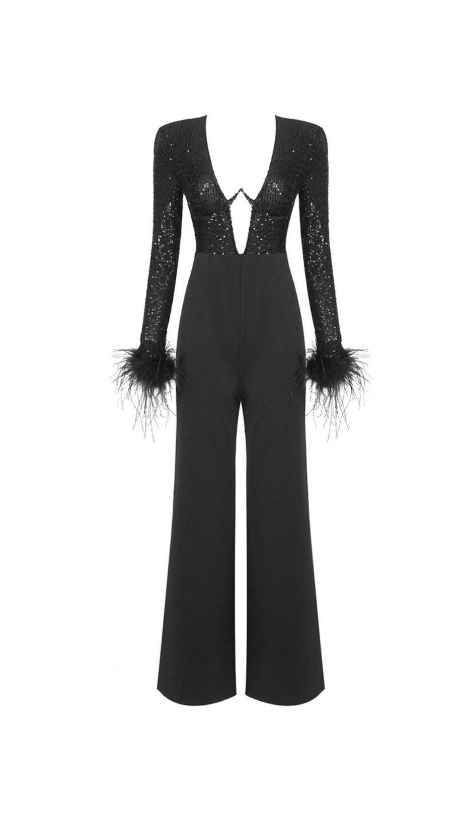 LONG SLEEVE SEQUIN FEATHER JUMPSUIT BLACK