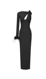 ONE SLEEVE FEATHER MAXI DRESS BLACK