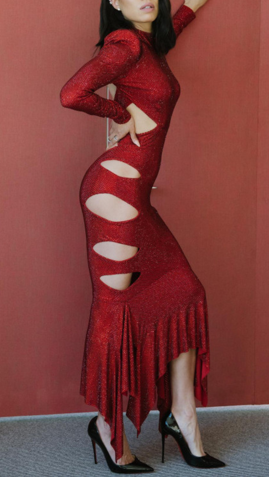 CRYSTAL-EMBELLISHED CUT-OUT MIDI DRESS