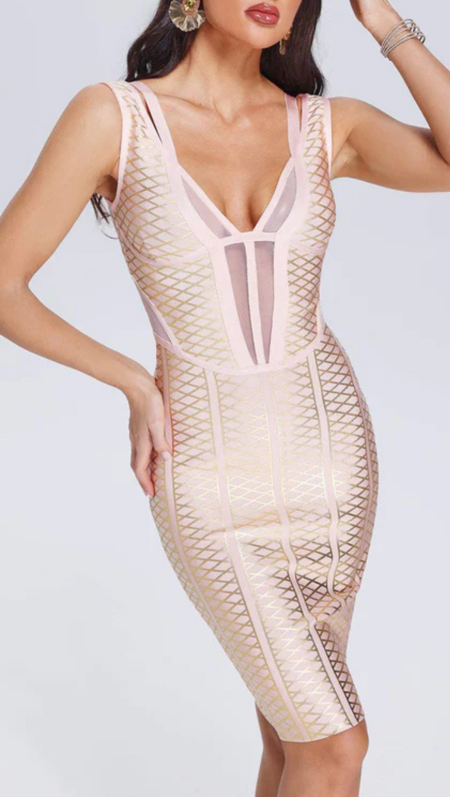 METALLIC BANDAGE MIDI DRESS IN APRICOT