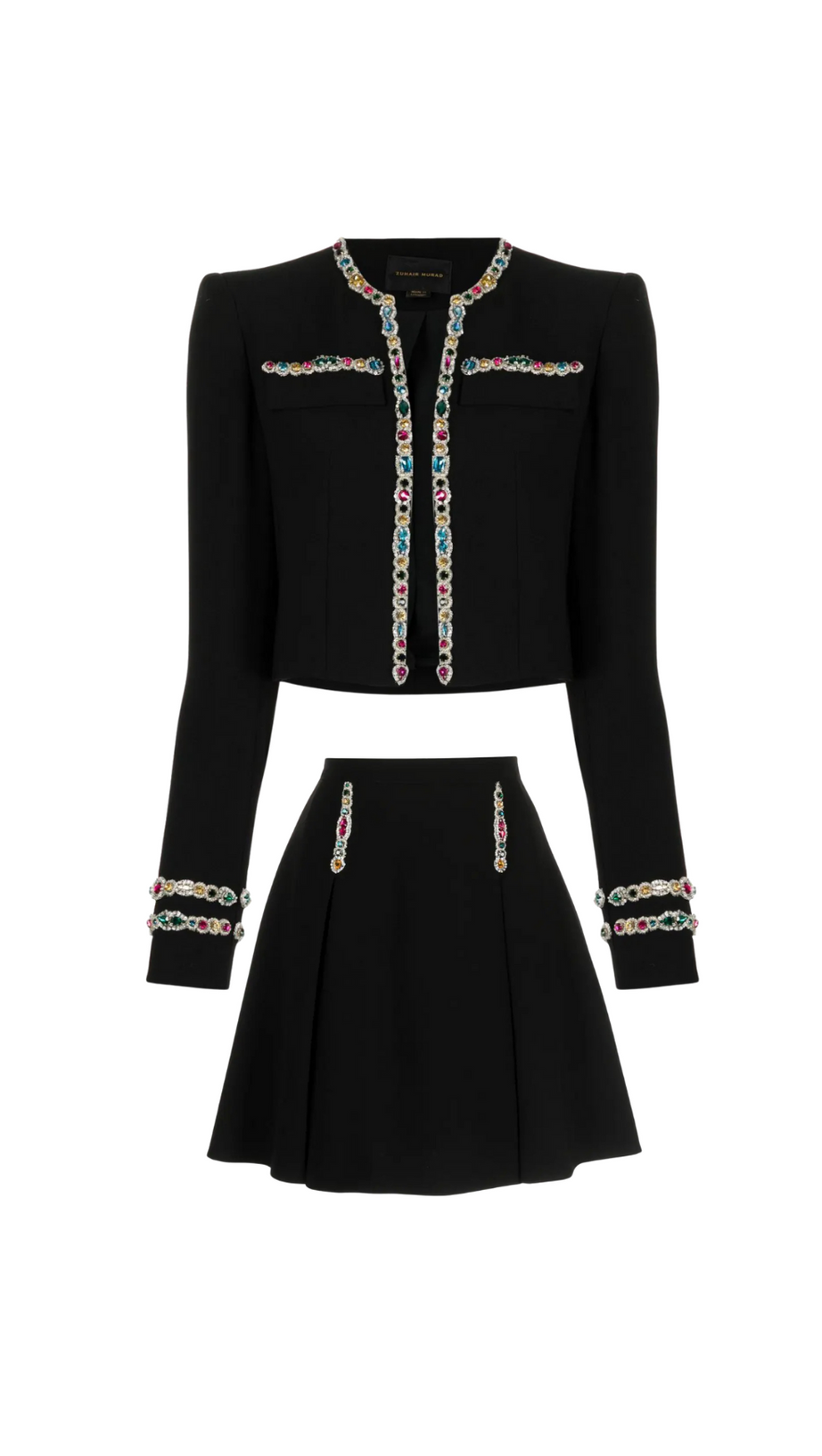 CRYSTAL-EMBELLISHED CADY CROPPED JACKET SKIRT SUIT