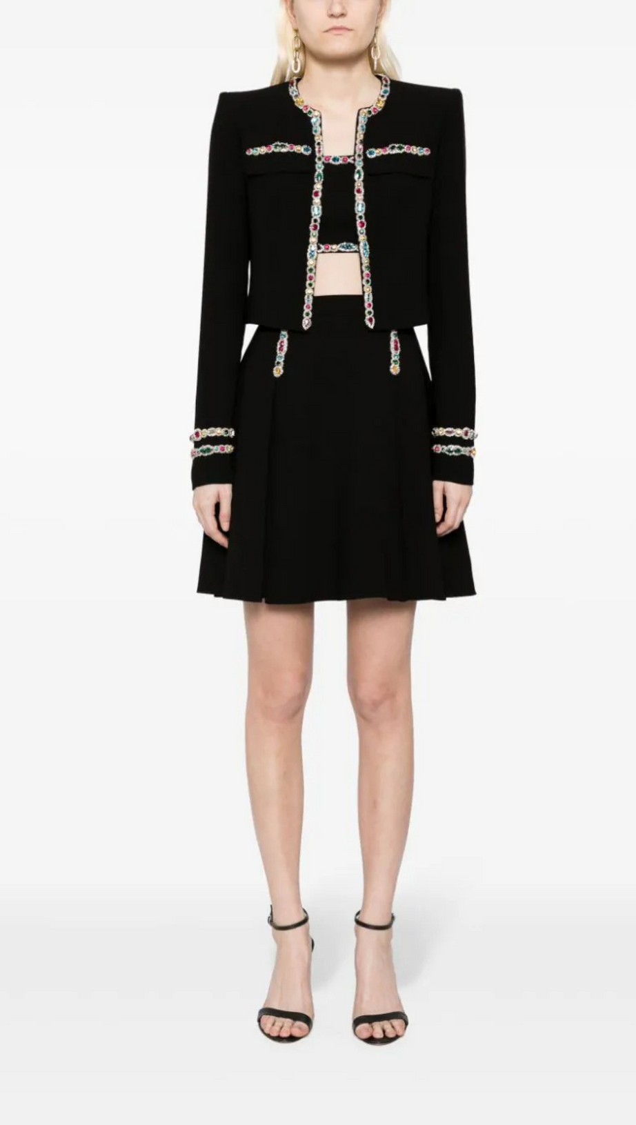 CRYSTAL-EMBELLISHED CADY CROPPED JACKET SKIRT SUIT