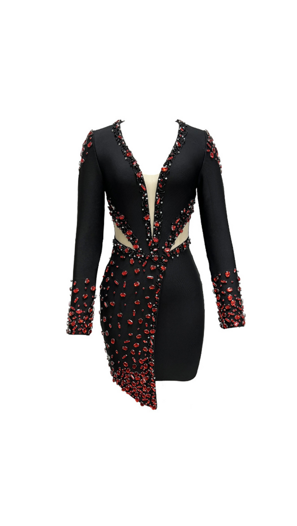 AIIZIE LONG SLEEVE RED CRYSTALS DRESS BLACK - product image