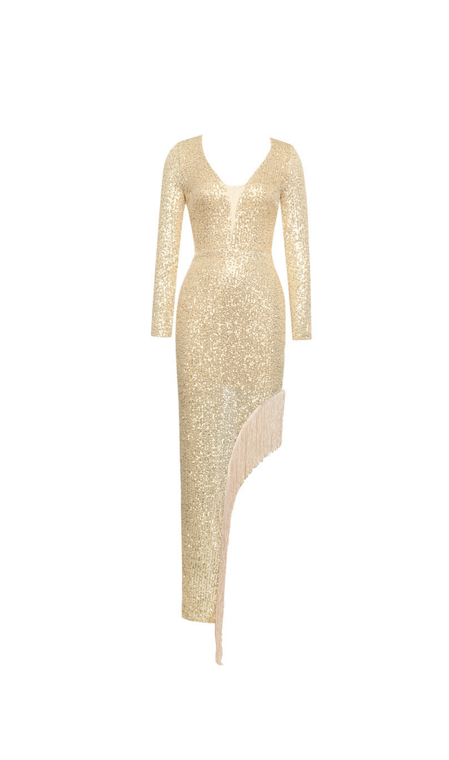 Ballkleid mit Fransenbesatz, asymmetrischem Saum und Pailletten 