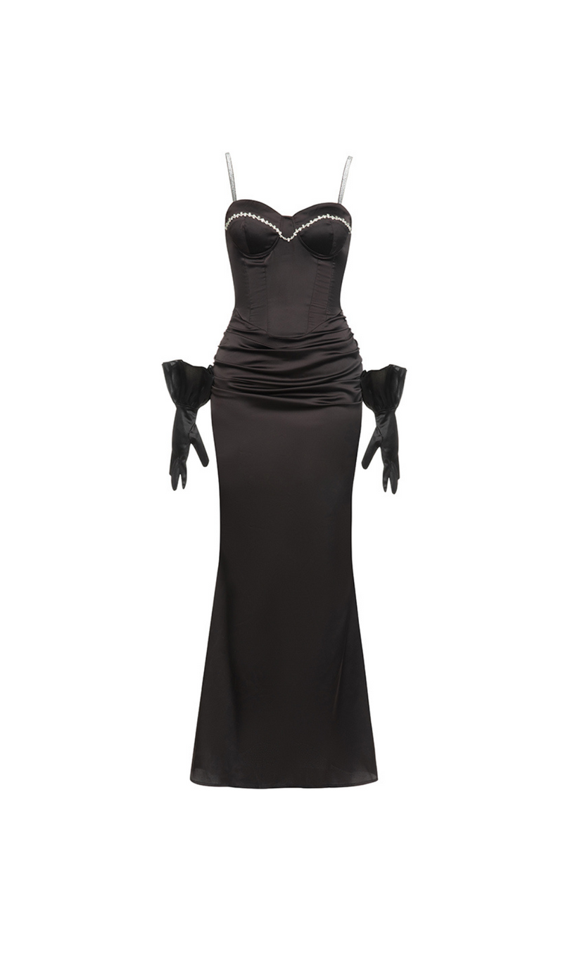 CRYSTAL BUSTIER DRAPED MAXI DRESS BLACK