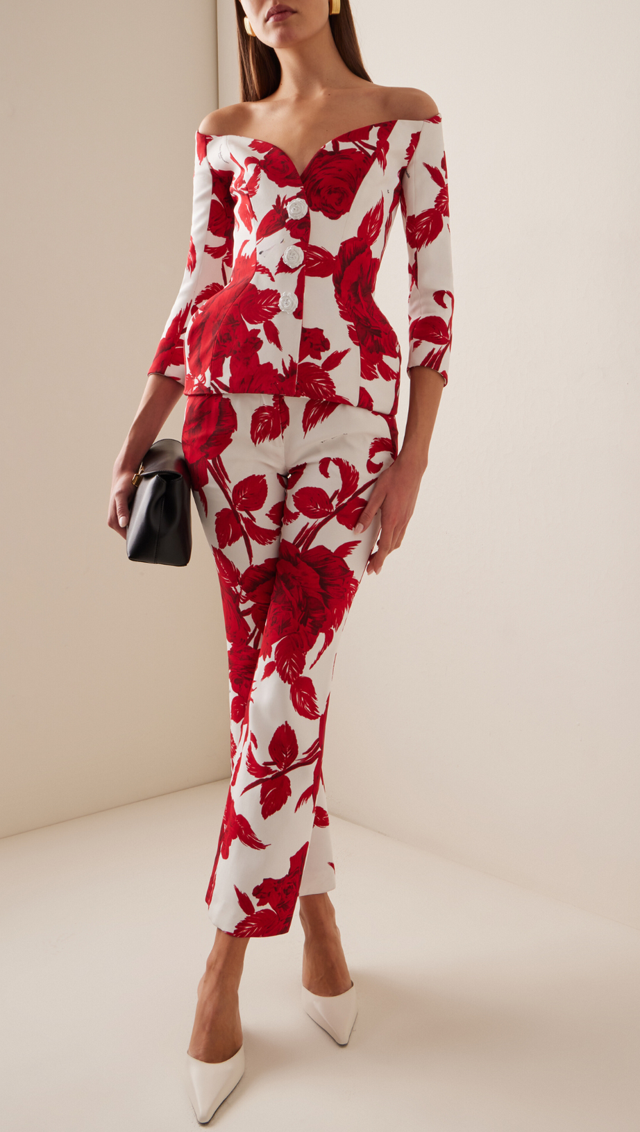 OFF-THE-SHOULDER ROSE-PRINT CREPE HOURGLASS JACKET SUIT