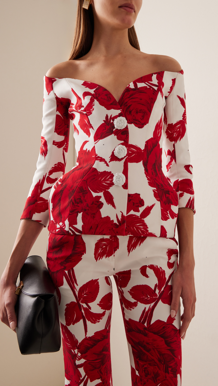 OFF-THE-SHOULDER ROSE-PRINT CREPE HOURGLASS JACKET SUIT
