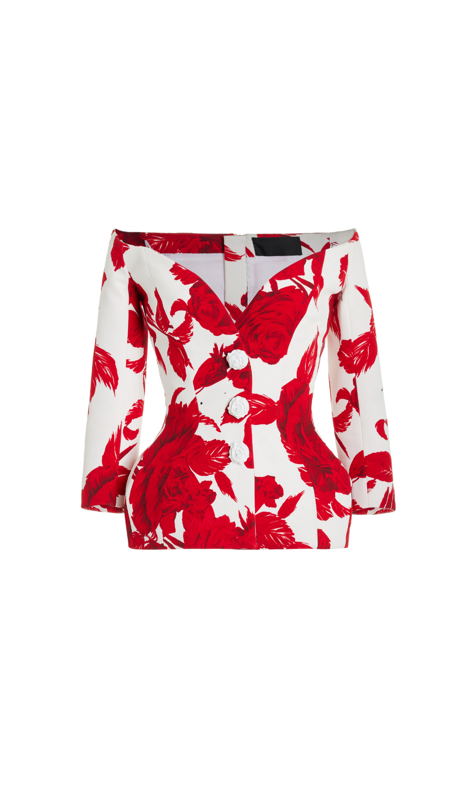 OFF-THE-SHOULDER-KLEID AUS CRÊPE MIT ROSENPRINT UND SANDUHRFORM