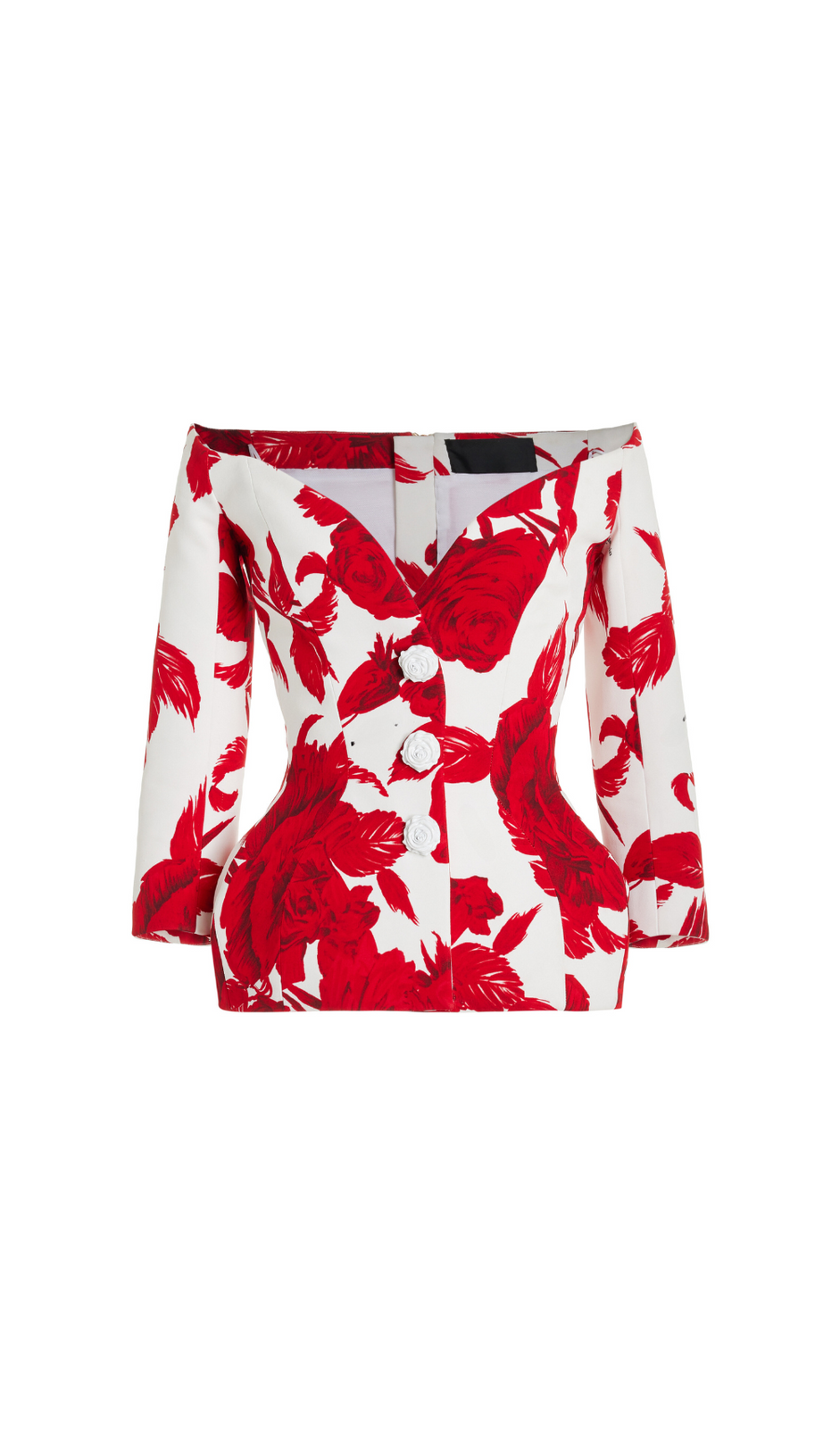 OFF-THE-SHOULDER ROSE-PRINT CREPE HOURGLASS JACKET SUIT
