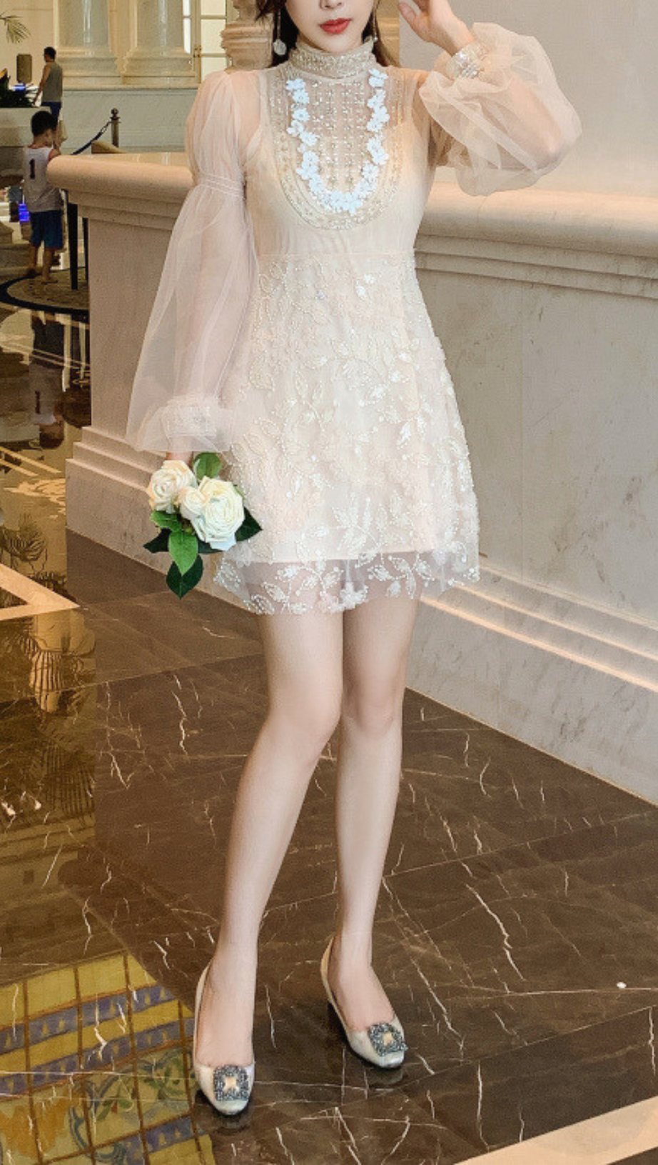 APRICOT MESH LANTERN SLEEVE BEADING DRESS