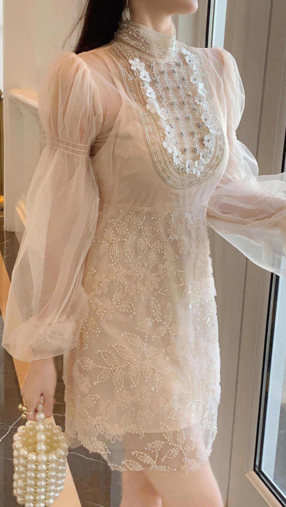 APRICOT MESH LANTERN SLEEVE BEADING DRESS