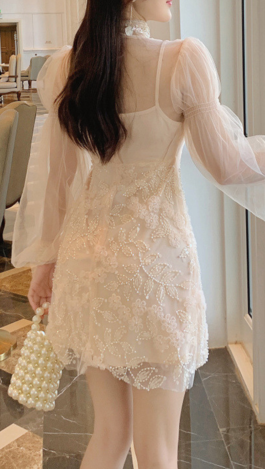 APRICOT MESH LANTERN SLEEVE BEADING DRESS