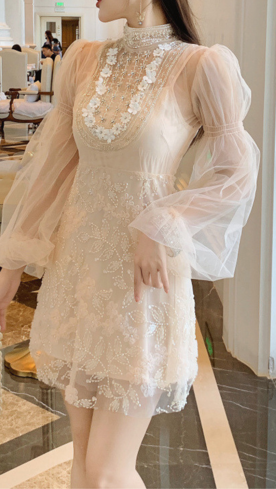 APRICOT MESH LANTERN SLEEVE BEADING DRESS
