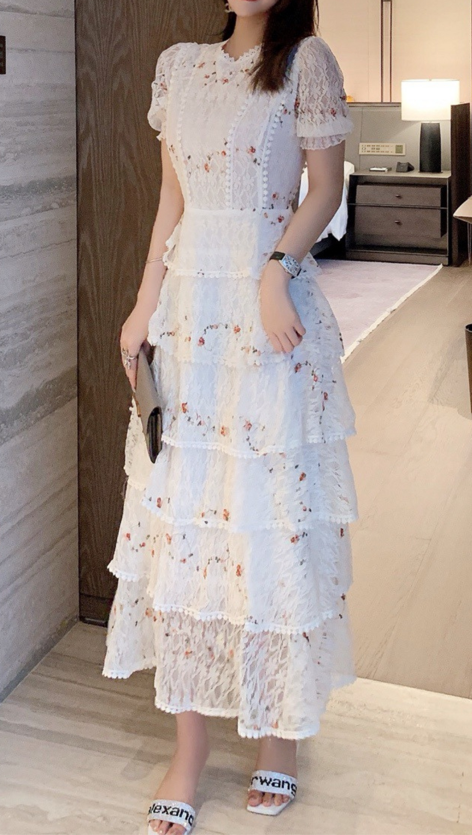 ABITO MIDI IN PIZZO FLOREALE BIANCO