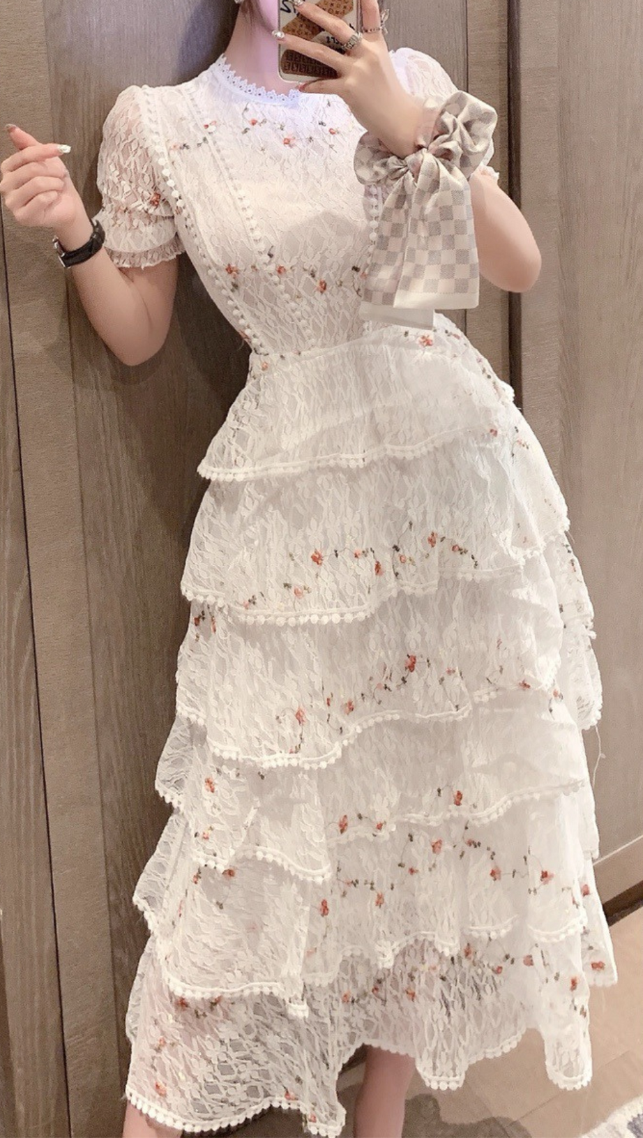 ABITO MIDI IN PIZZO FLOREALE BIANCO