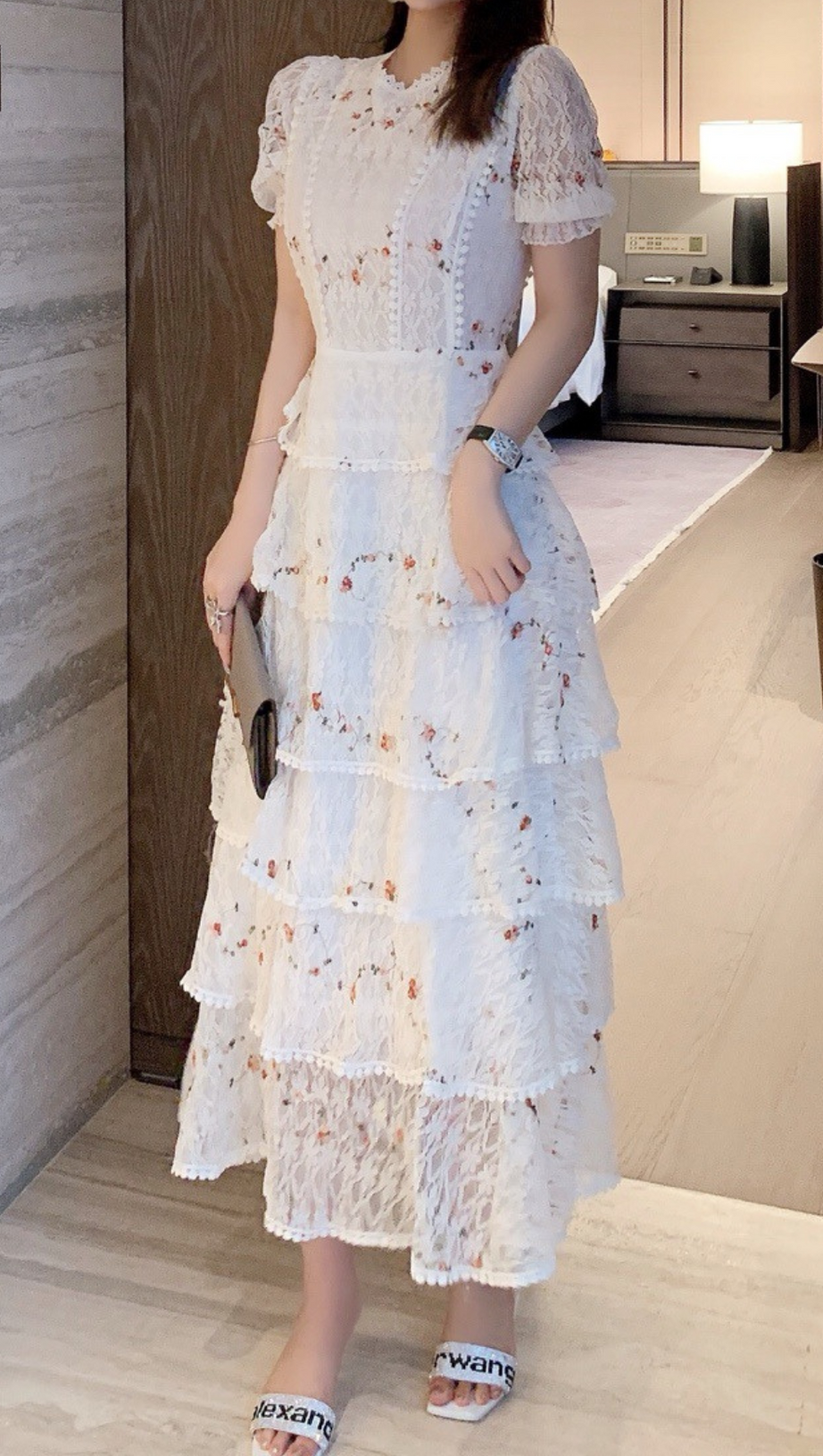 ABITO MIDI IN PIZZO FLOREALE BIANCO