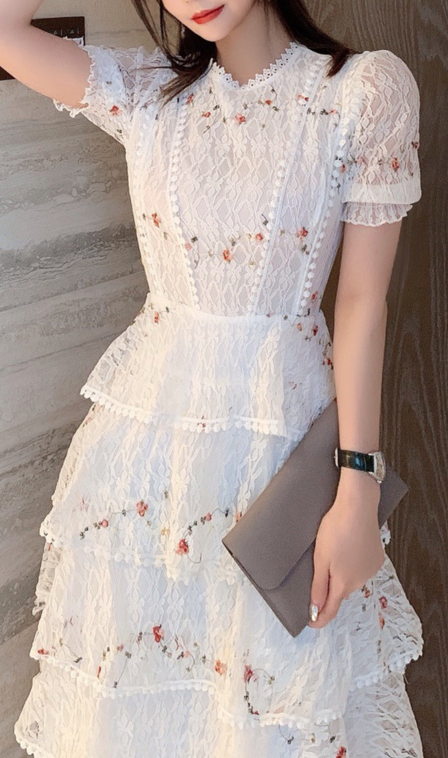 Abito midi in pizzo floreale bianco