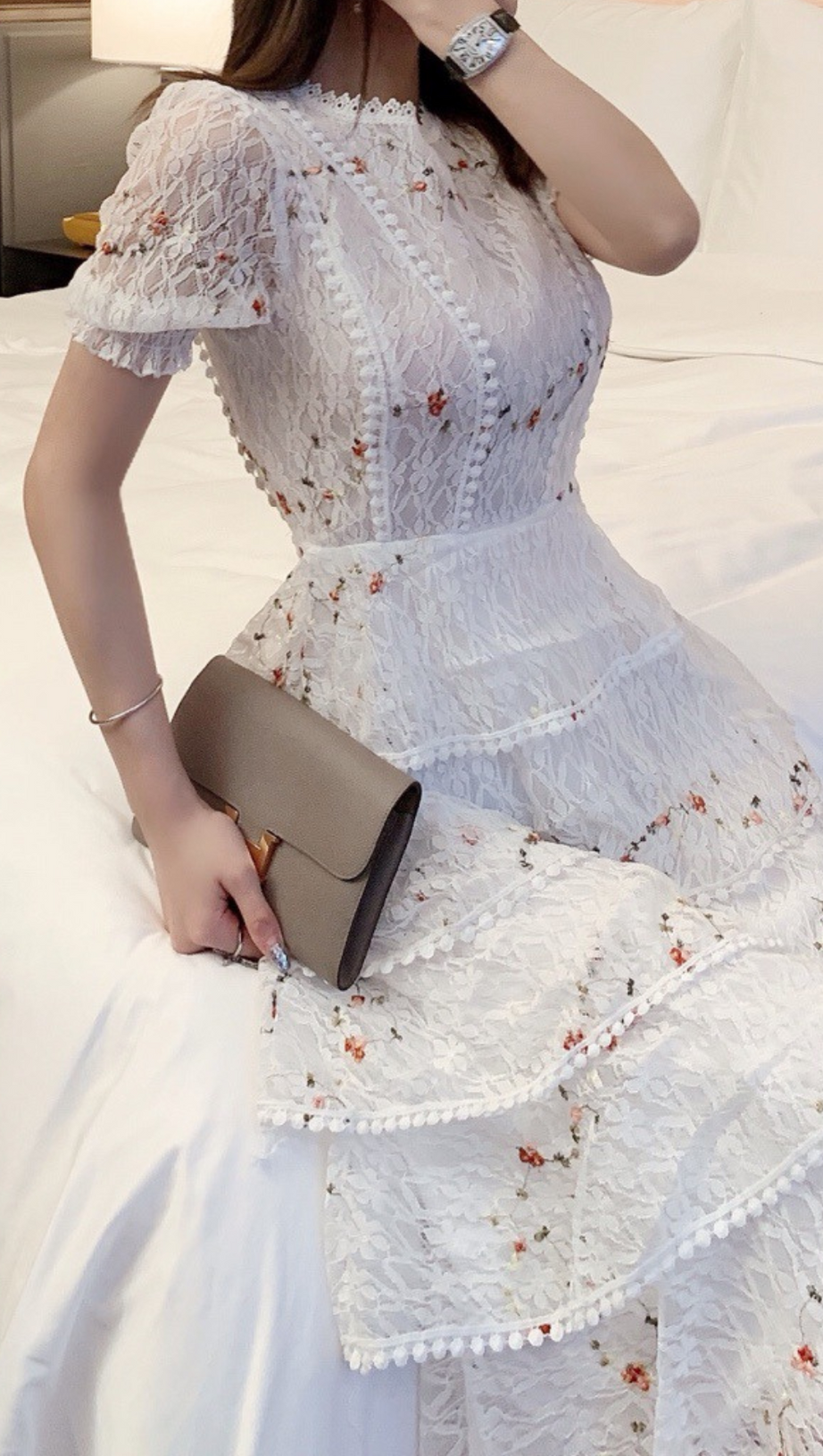 ABITO MIDI IN PIZZO FLOREALE BIANCO