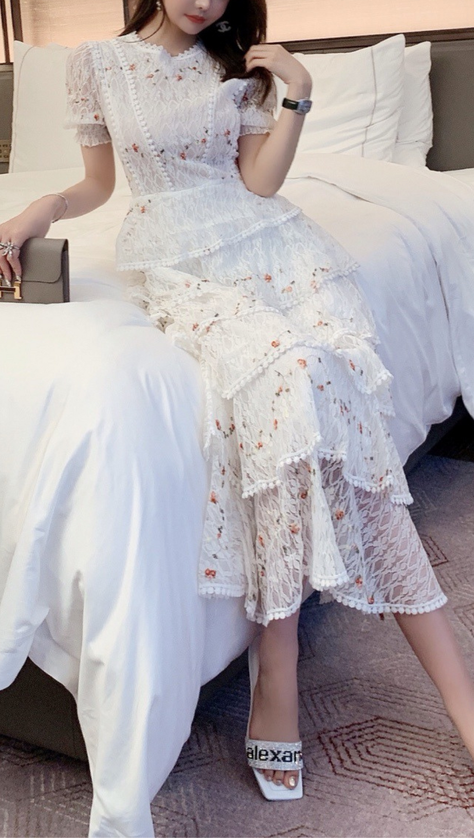 ABITO MIDI IN PIZZO FLOREALE BIANCO