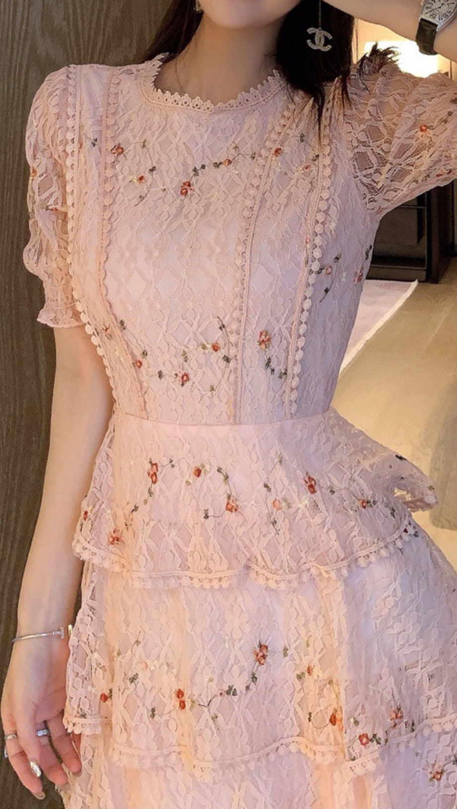 ABITO MIDI IN PIZZO FLOREALE ROSA