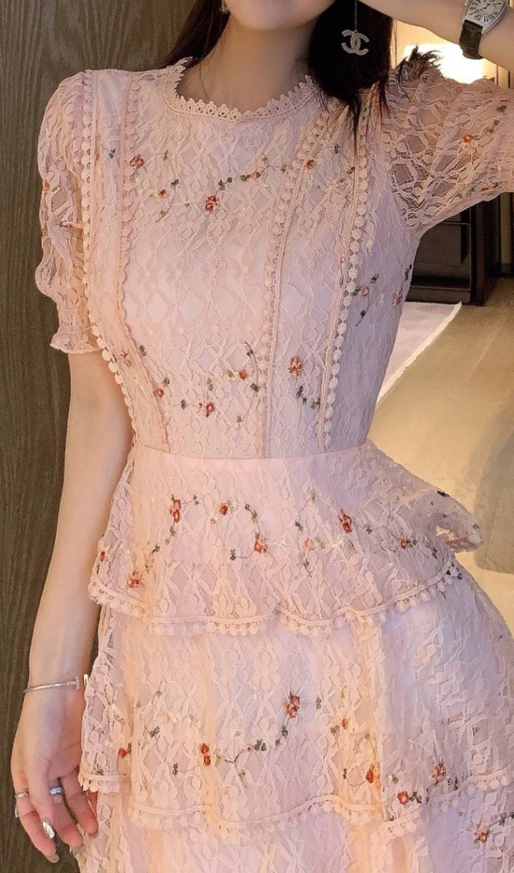 ABITO MIDI IN PIZZO FLOREALE ROSA
