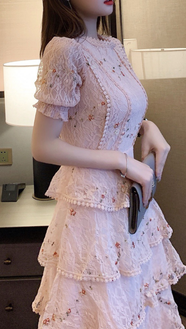 AIIZIE PINK FLORAL LACE MIDI DRESS - product image