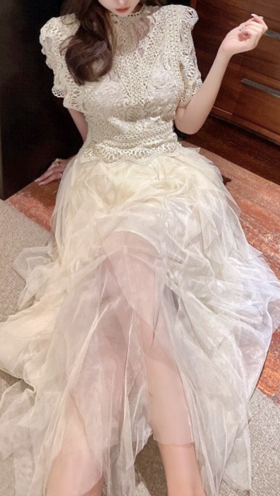 APRICOT LACE PATCHWORK CUTOUT MIDI DRESS