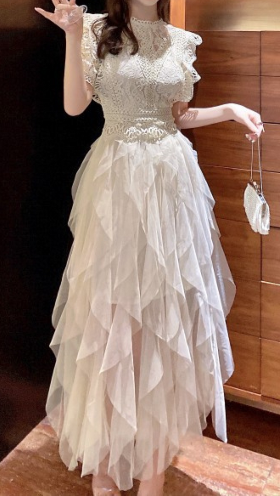 APRICOT LACE PATCHWORK CUTOUT MIDI DRESS