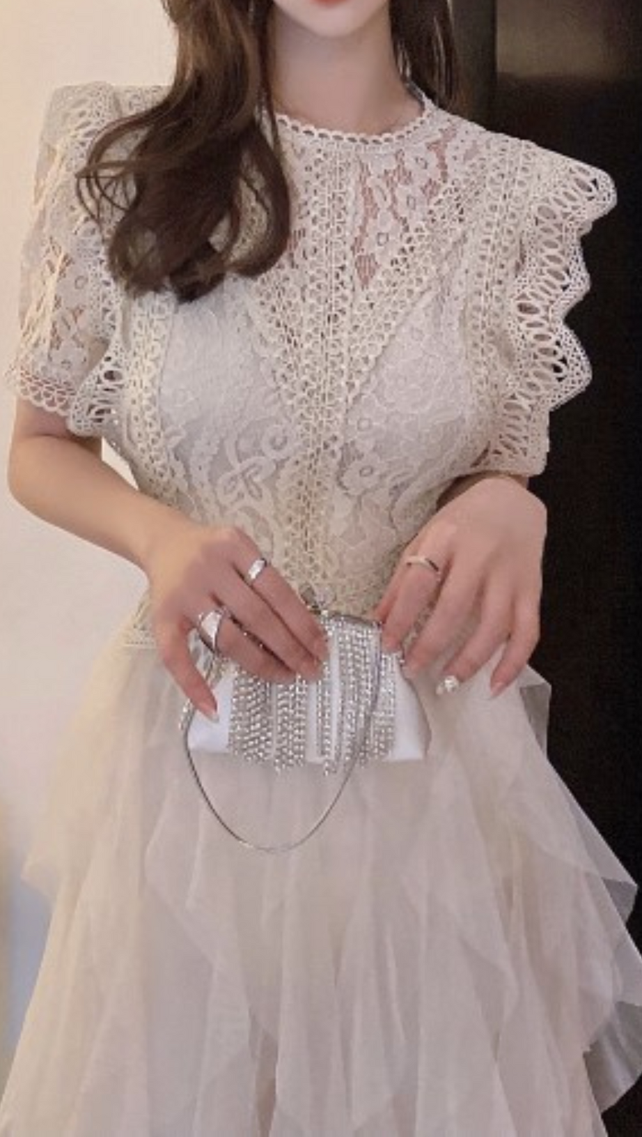 APRICOT LACE PATCHWORK CUTOUT MIDI DRESS