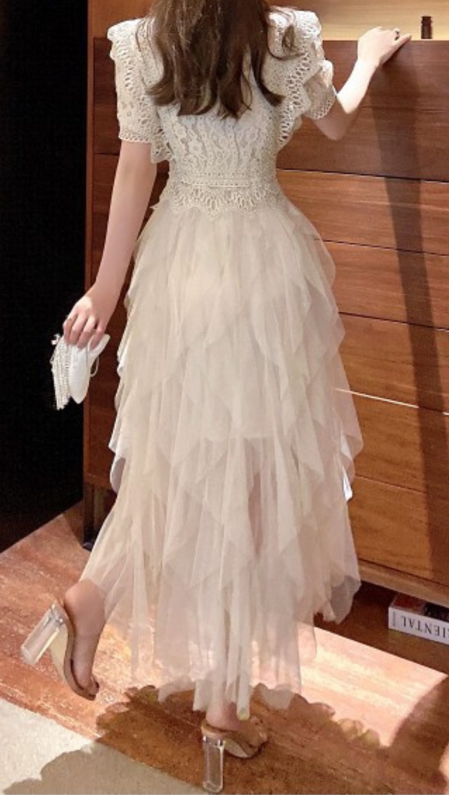 APRICOT LACE PATCHWORK CUTOUT MIDI DRESS