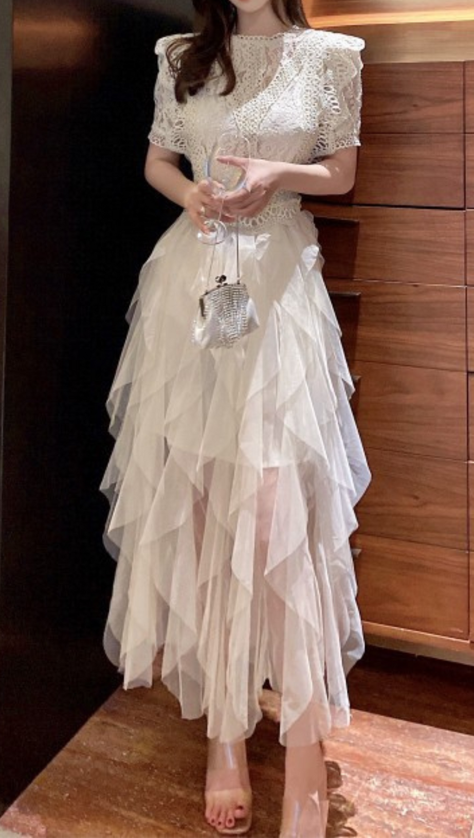 APRICOT LACE PATCHWORK CUTOUT MIDI DRESS