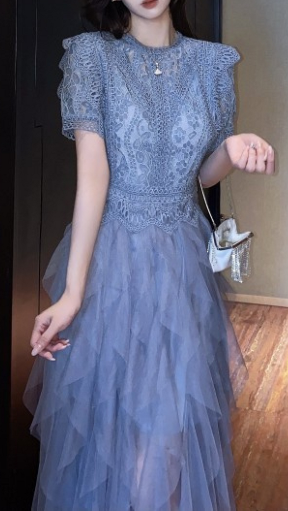 BLUE LACE PATCHWORK CUTOUT MIDI DRESS