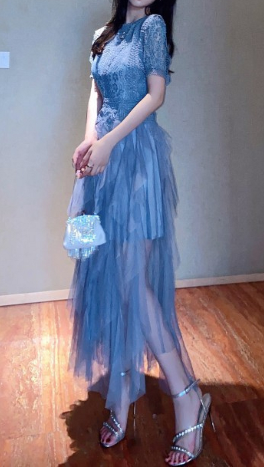 BLUE LACE PATCHWORK CUTOUT MIDI DRESS