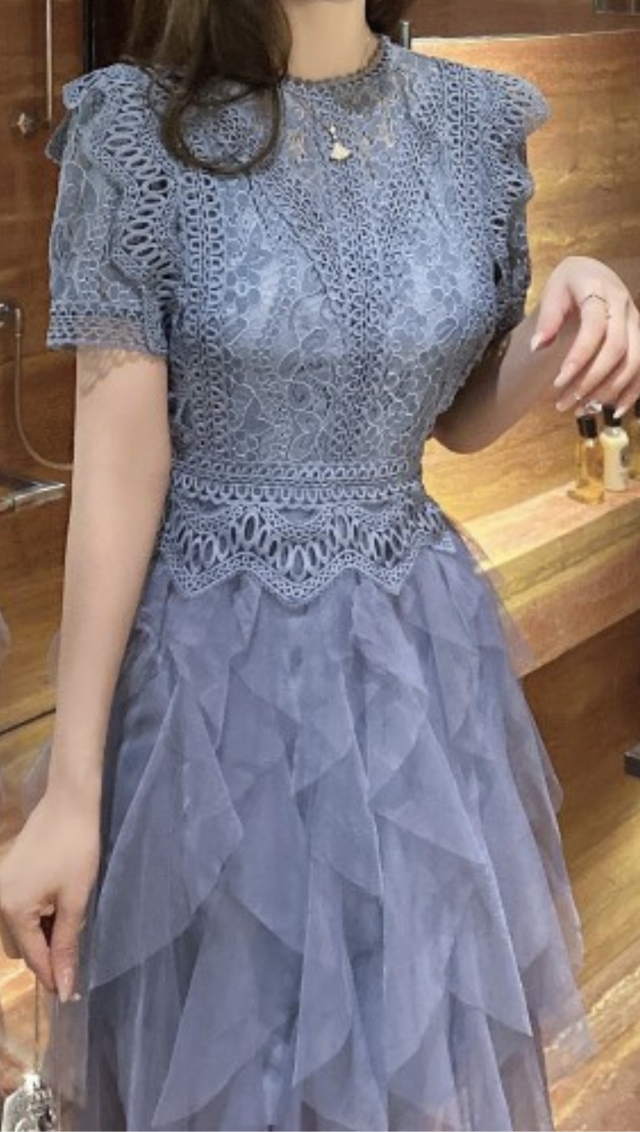 BLUE LACE PATCHWORK CUTOUT MIDI DRESS