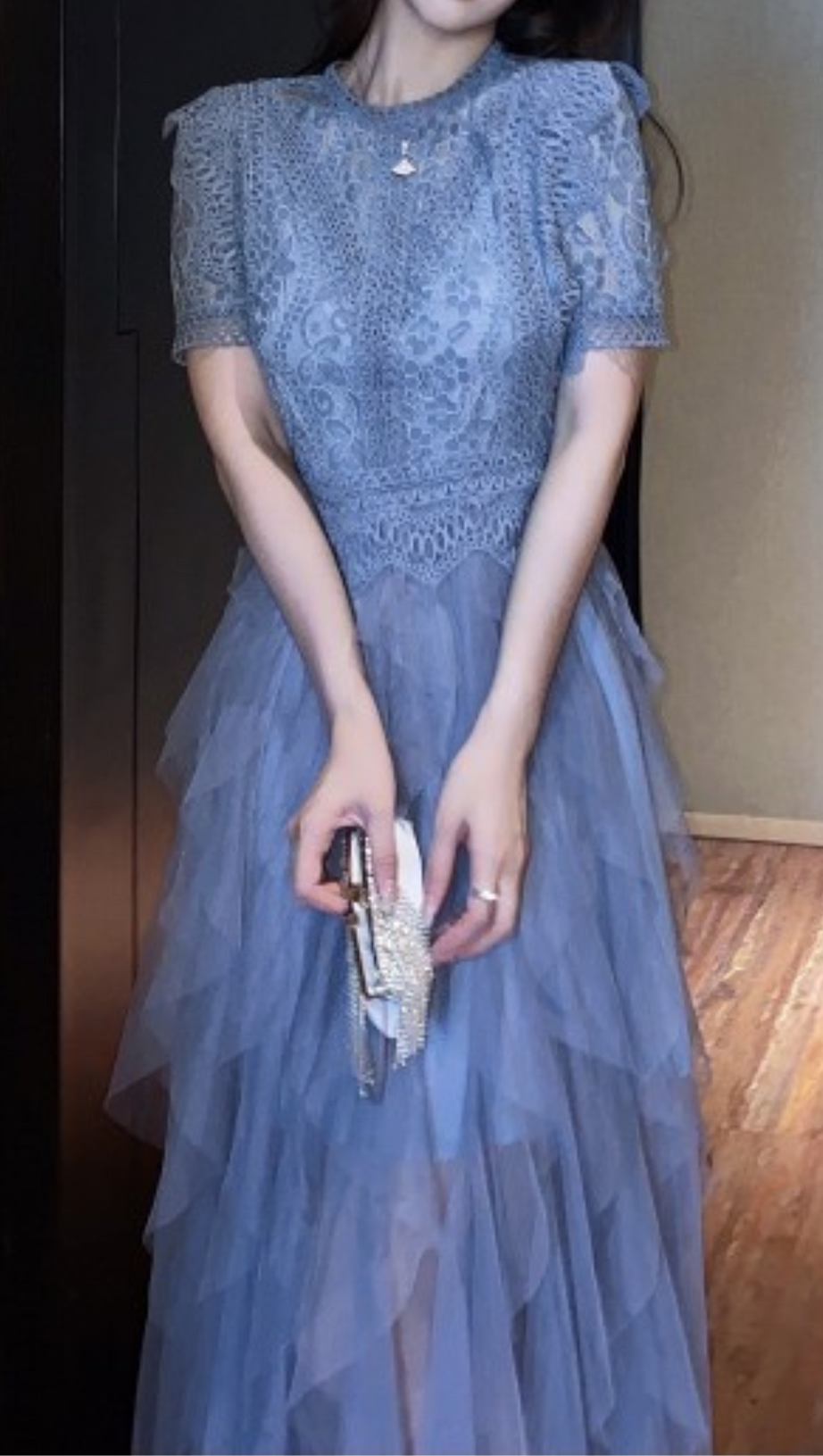 BLUE LACE PATCHWORK CUTOUT MIDI DRESS