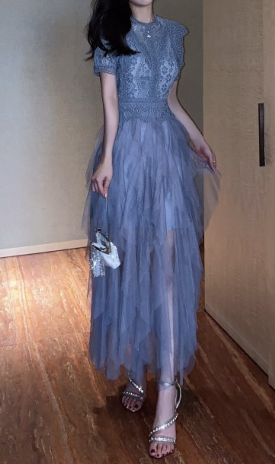 BLUE LACE PATCHWORK CUTOUT MIDI DRESS