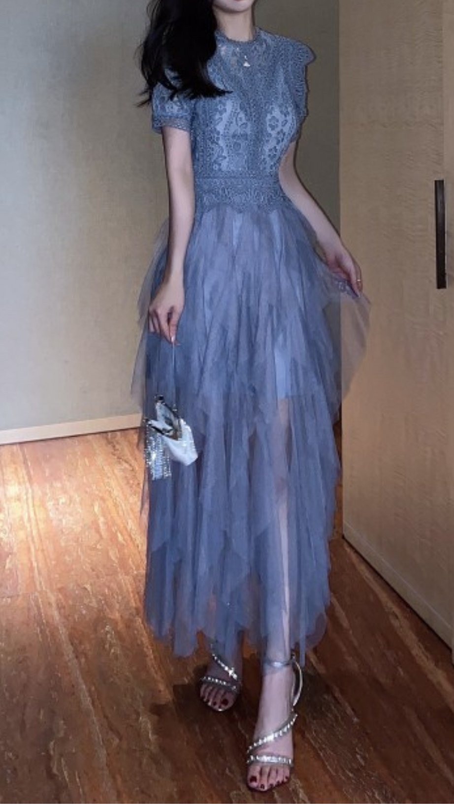 BLUE LACE PATCHWORK CUTOUT MIDI DRESS