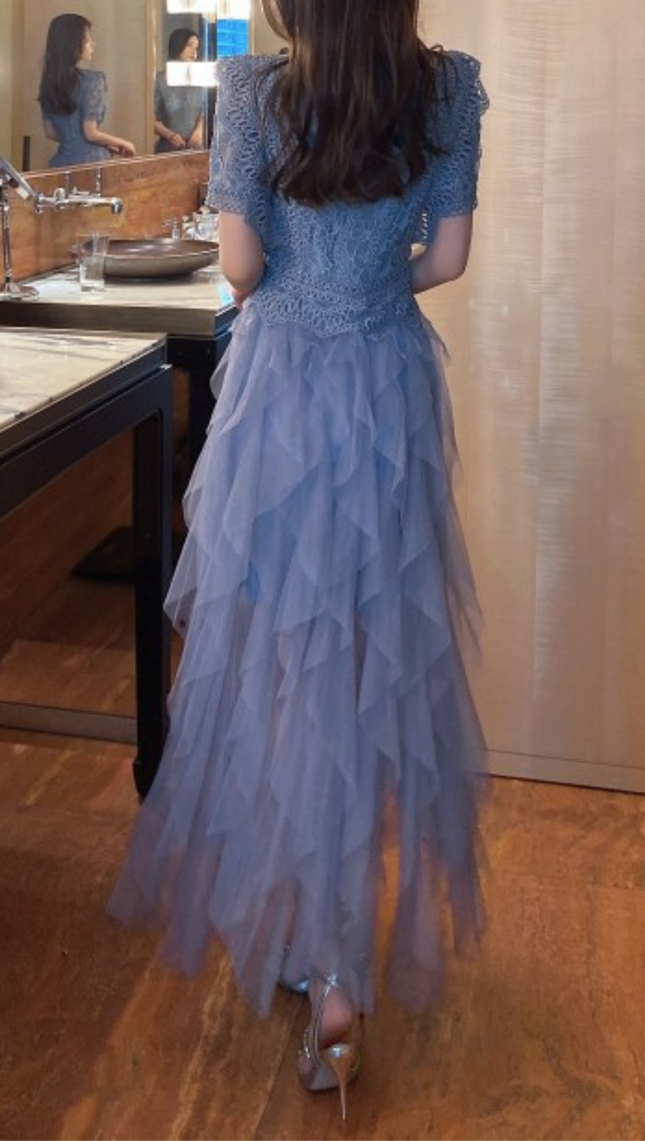 BLUE LACE PATCHWORK CUTOUT MIDI DRESS