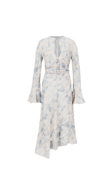 PRINTED WRAP MIDI DRESS IN BLUE