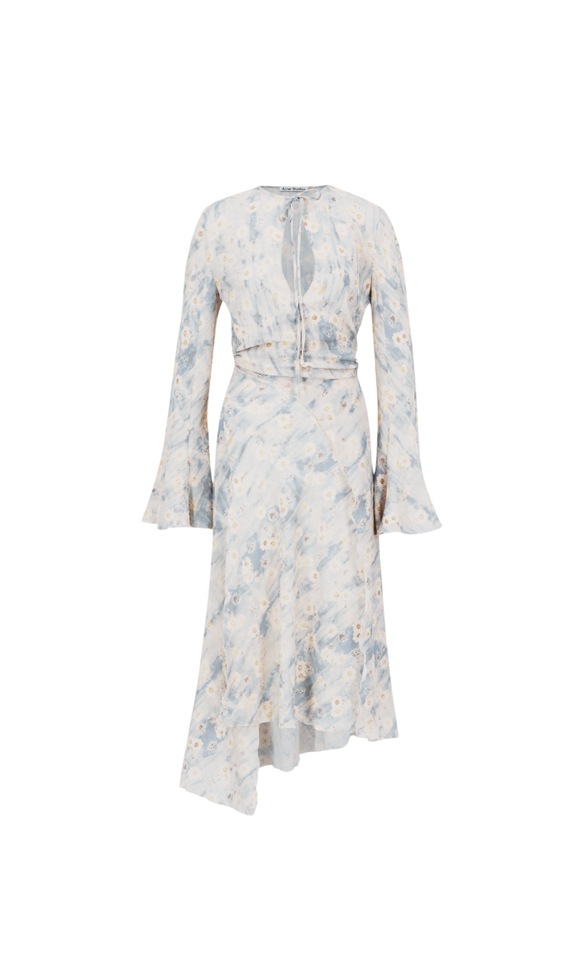 PRINTED WRAP MIDI DRESS IN BLUE