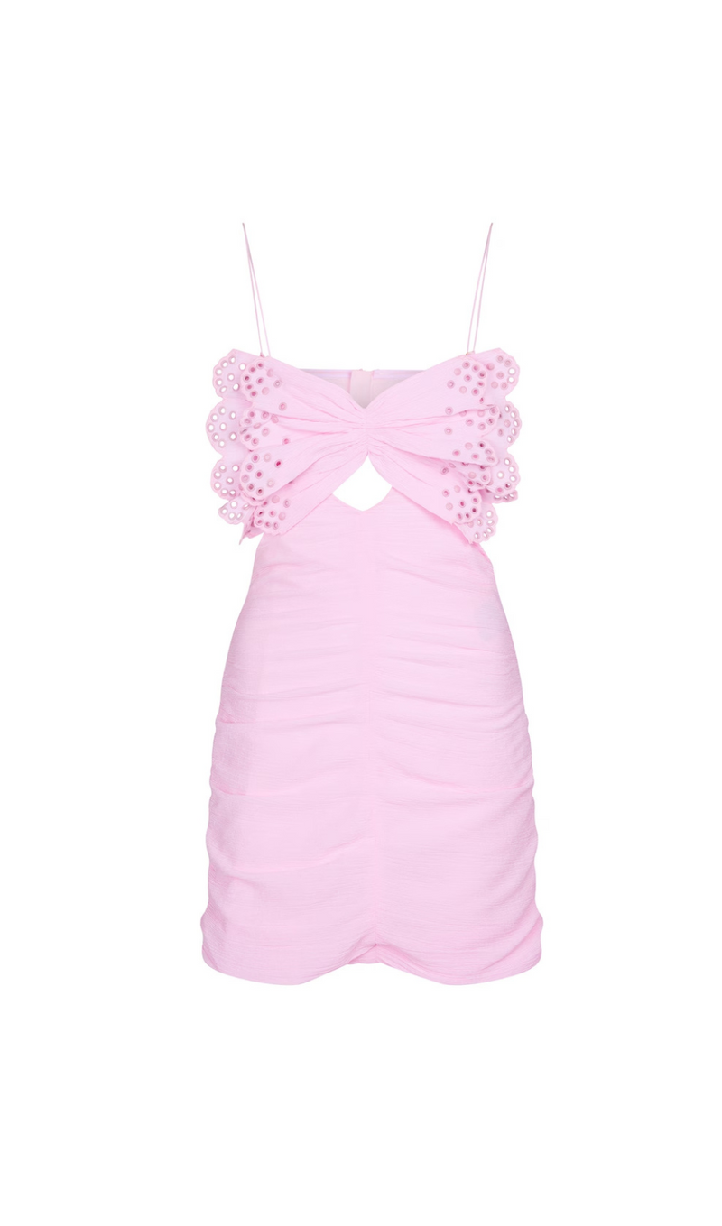 PINK LACE BOW COTTON MINI DRESS