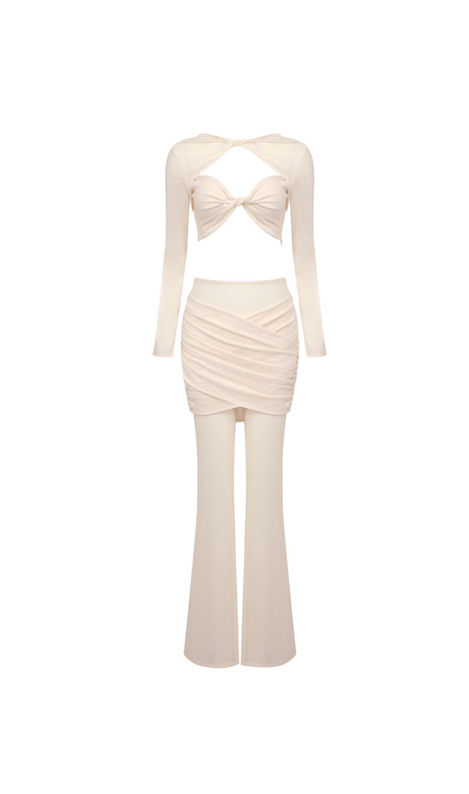 LANGÄRMELIGER, DRAPIERTER ZWEITEILIGER JUMPSUIT IN HAUT