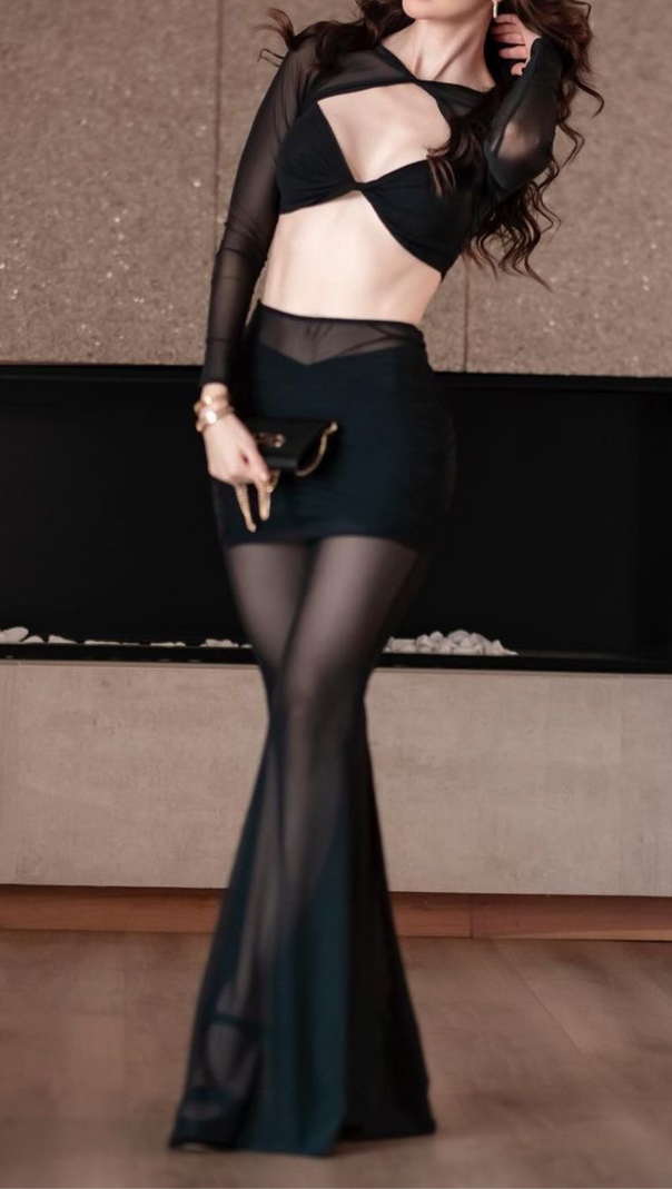 AIIZIE LONG SLEEVE DRAPED TWO PIECE JUMPSUIT BLACK - product image