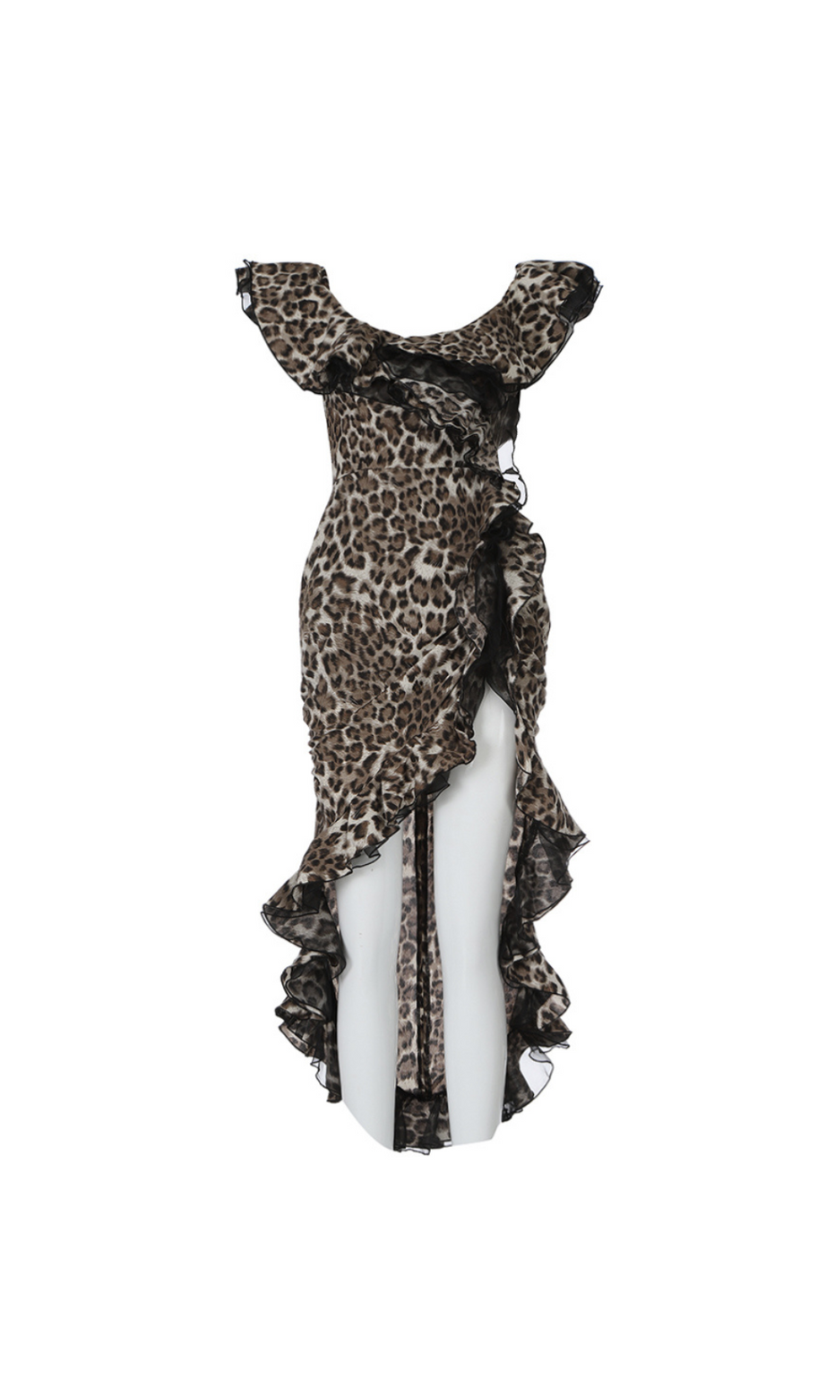 ANIMAL PRINT RUFFLE BARDOT MIDI DRESS