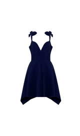 BOW DETAIL A LINE VELVET DRESS IN BLUE