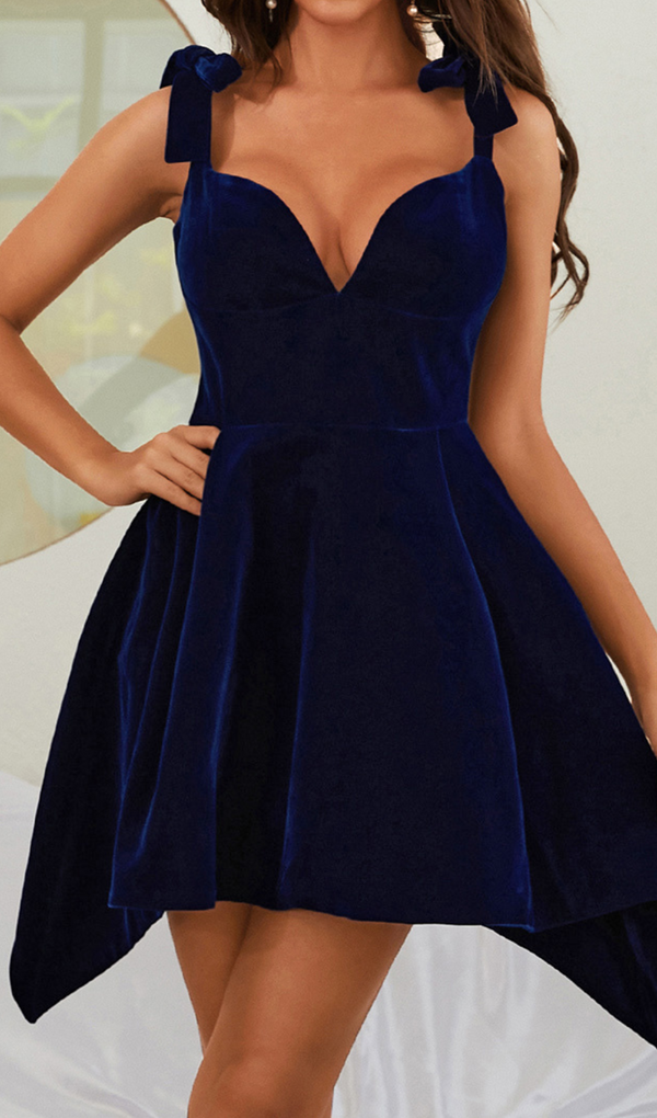 BOW DETAIL A LINE VELVET DRESS IN BLUE