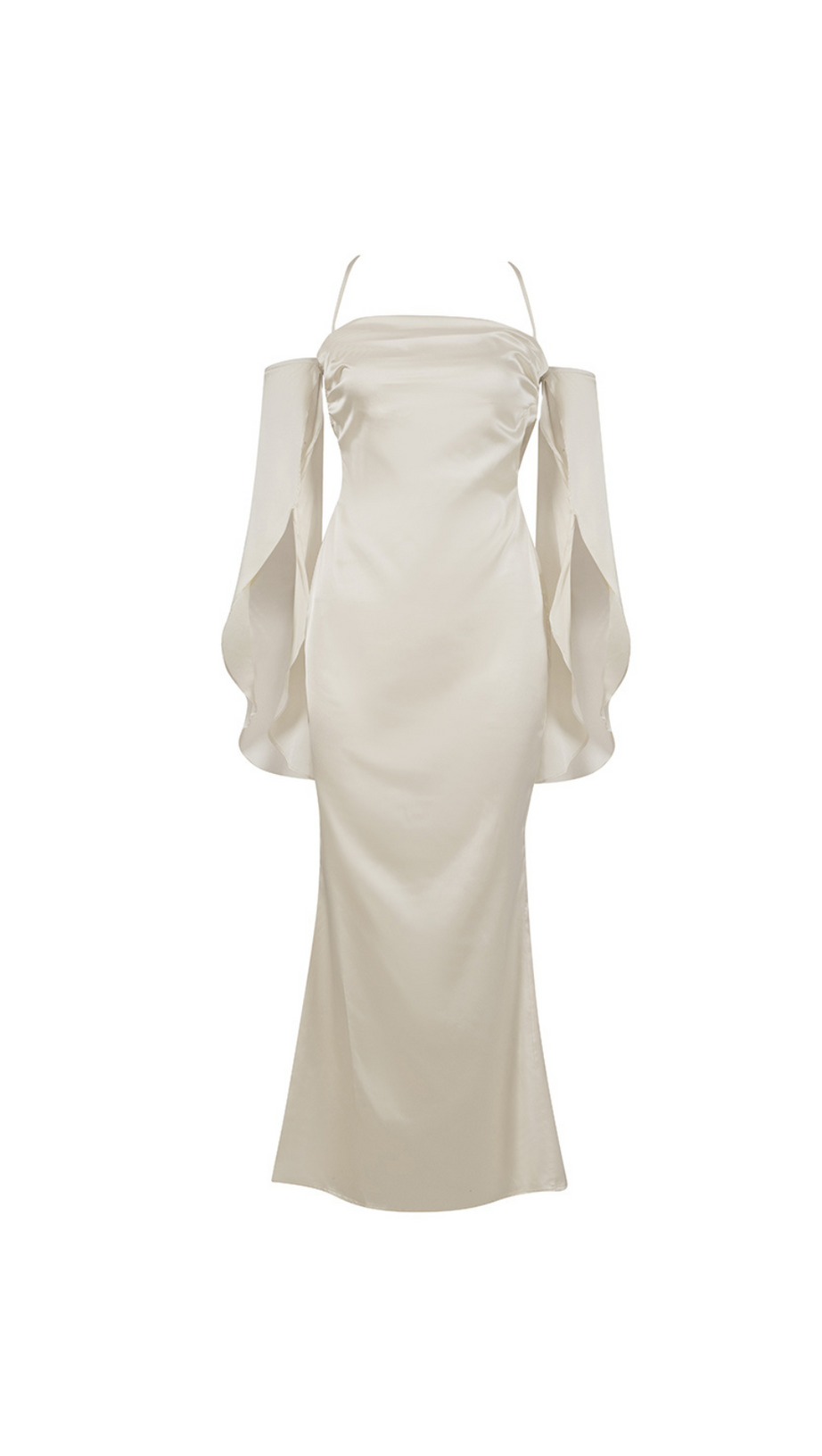 APRICOT SHOULDER RUCHED SATIN DRESS