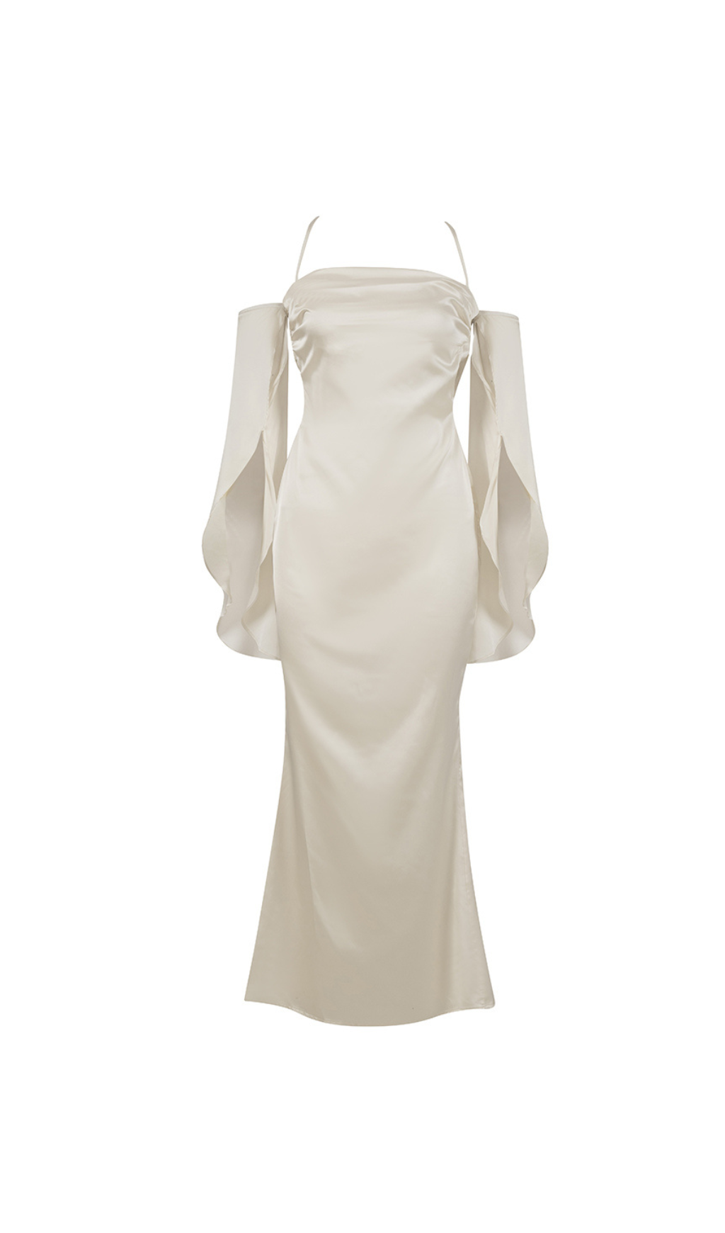 APRICOT SHOULDER RUCHED SATIN DRESS