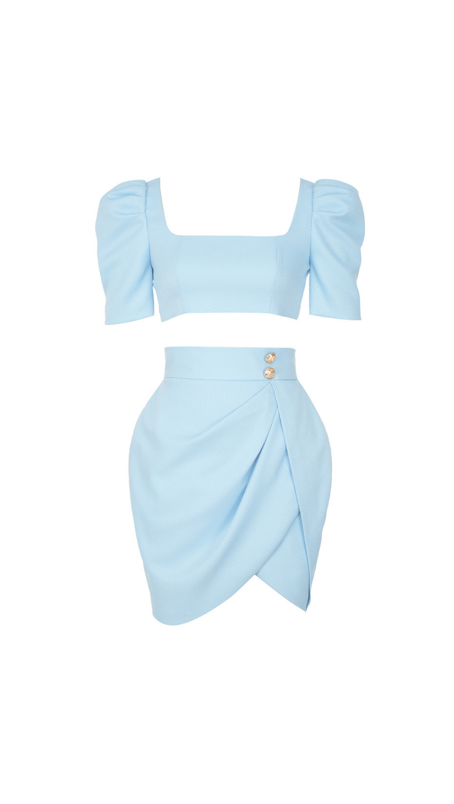SQUARE NECK PUFF SLEEVE TOP WRAP HEM SKIRT SUIT