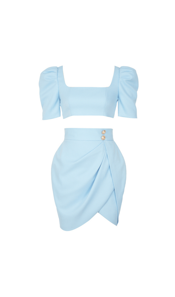 SQUARE NECK PUFF SLEEVE TOP WRAP HEM SKIRT SUIT